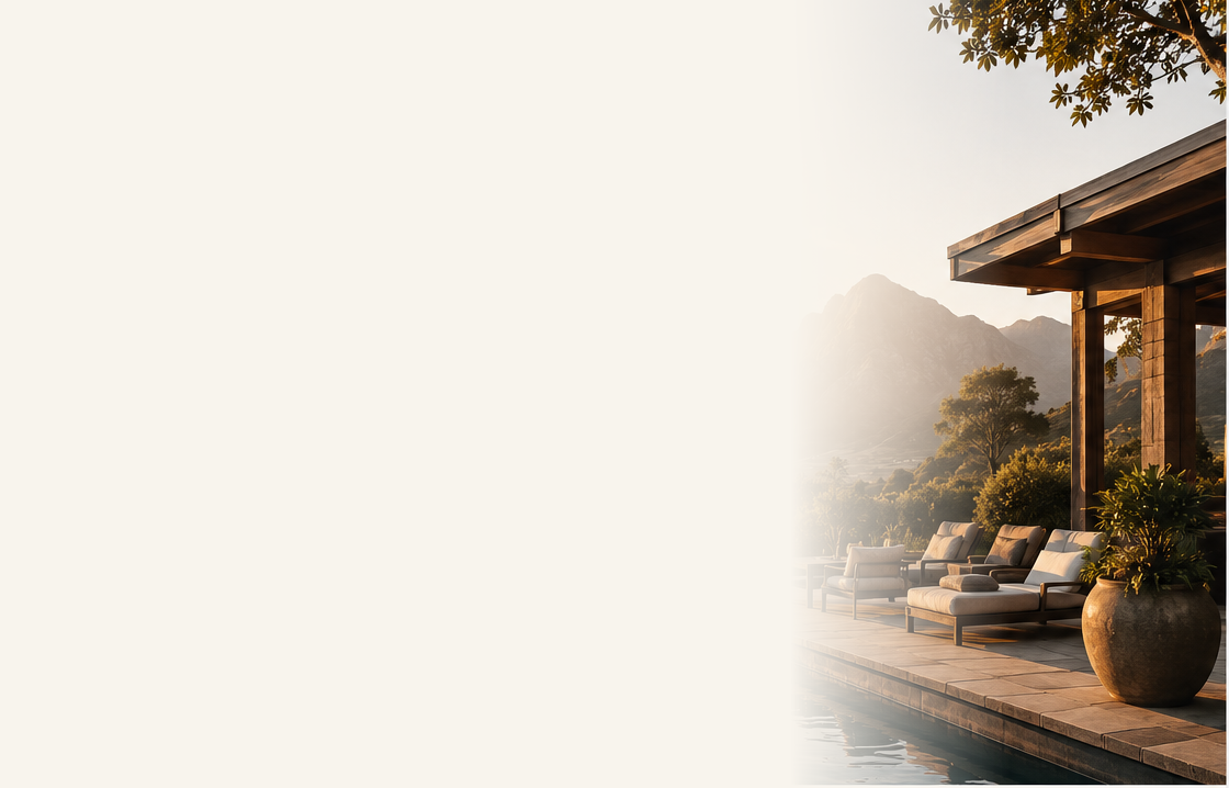 A refined accommodation website preview with warm lodge photography